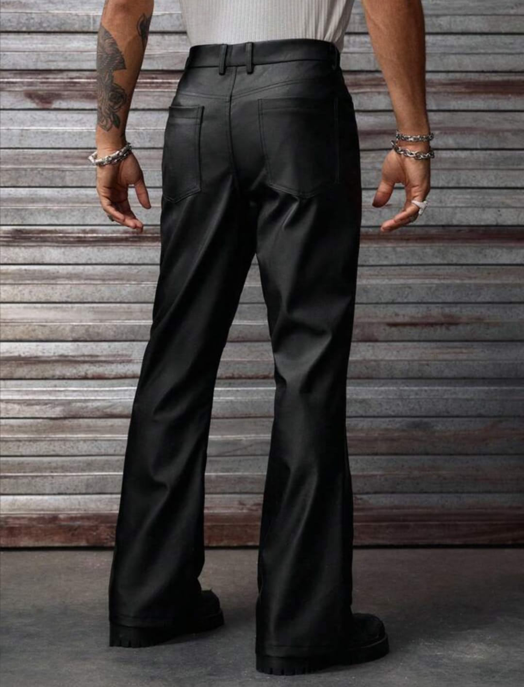 Men's Black Faux Leather Flared Pants with Front Zippers – Retro Streetwear Trousers